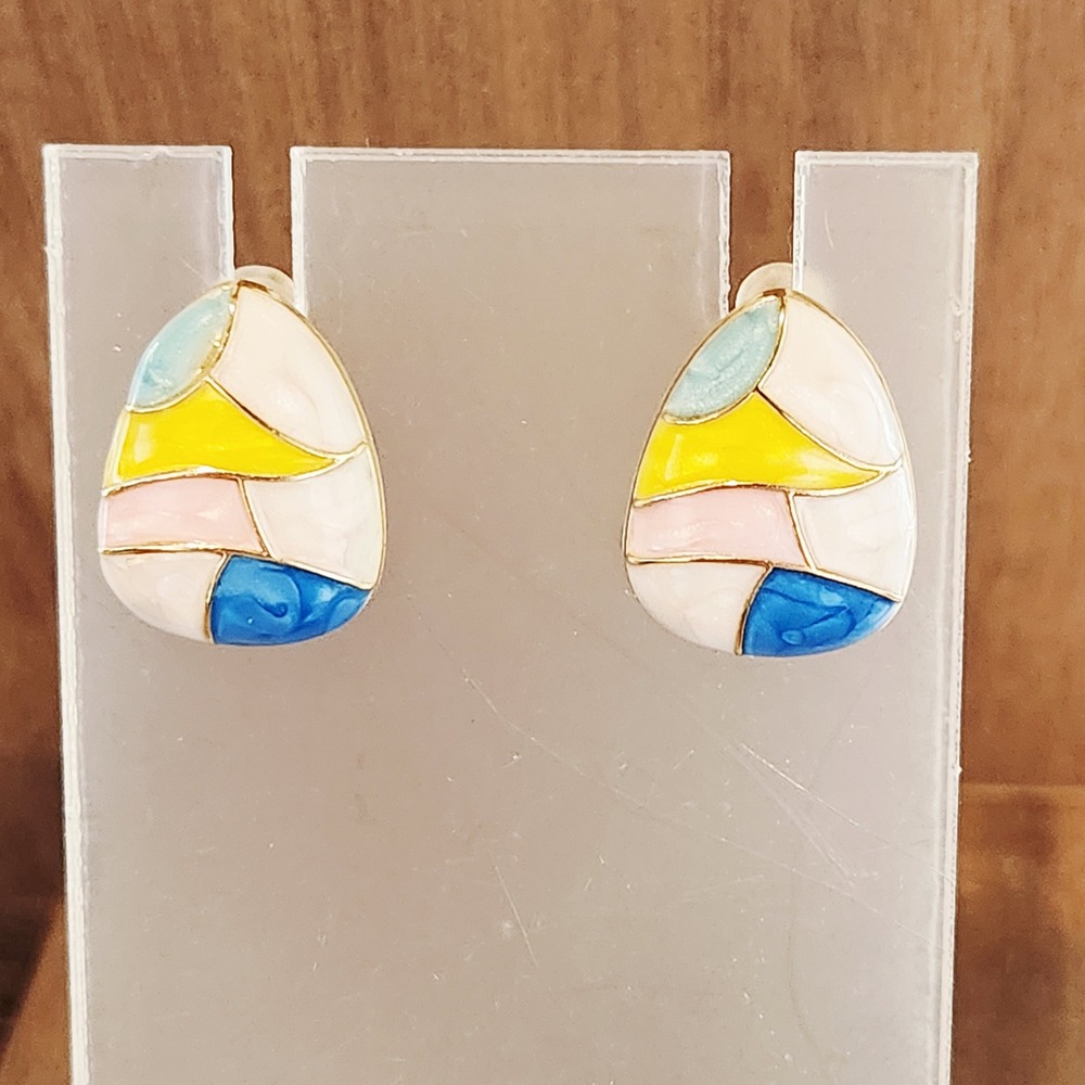 Vintage Style Multicolor Enamel Teardrop‎ Stud Earrings Gold Tone Geometric